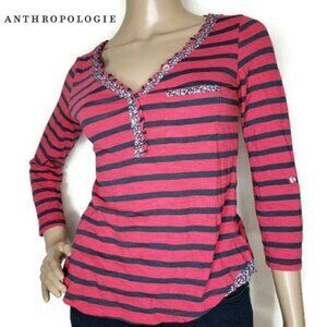 Anthropologie Striped Long Sleeve Top With Floral Trim size XS warm fall casual